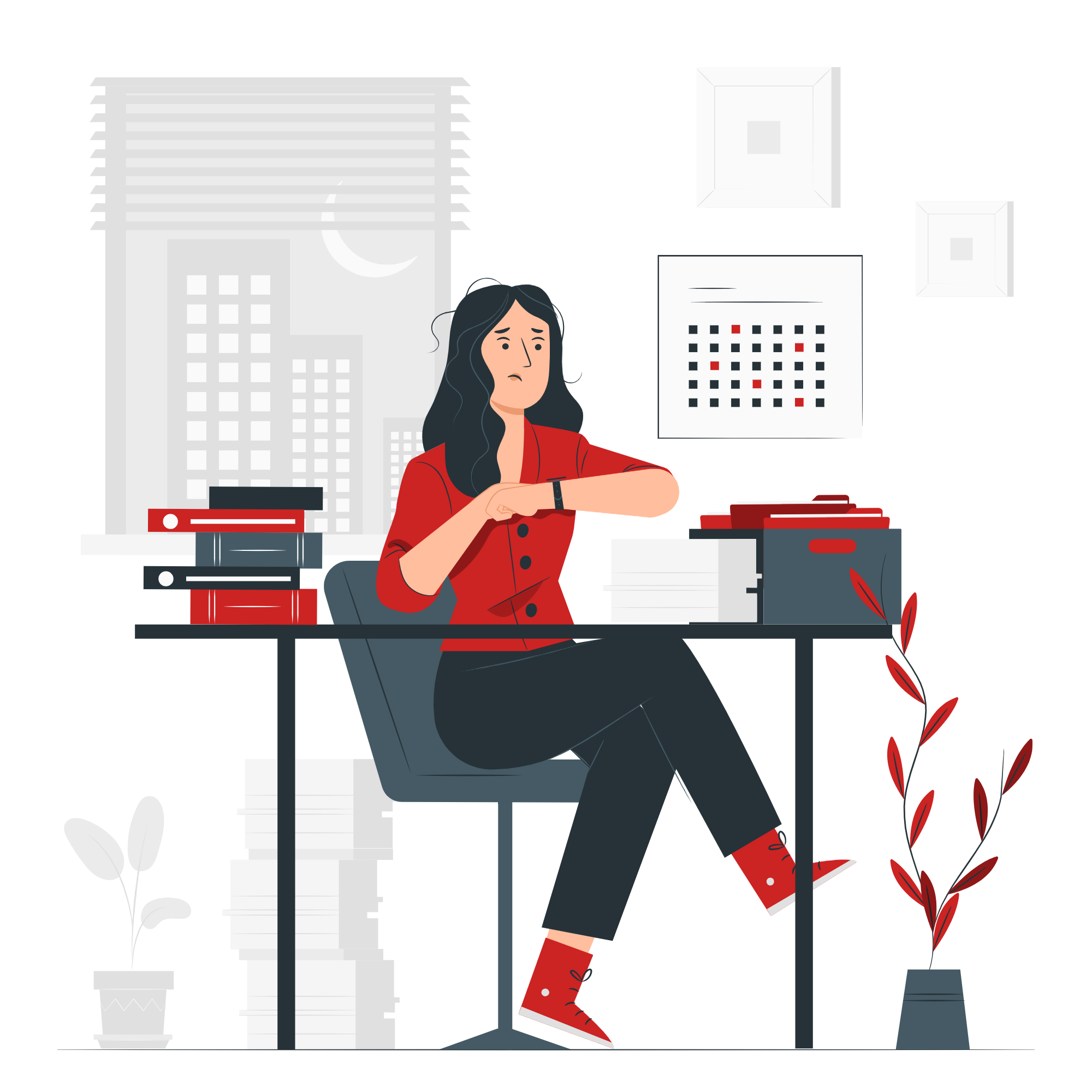 GymFlow Illustration of a receptionist working hard on papers and sheets managii=ng gym operations